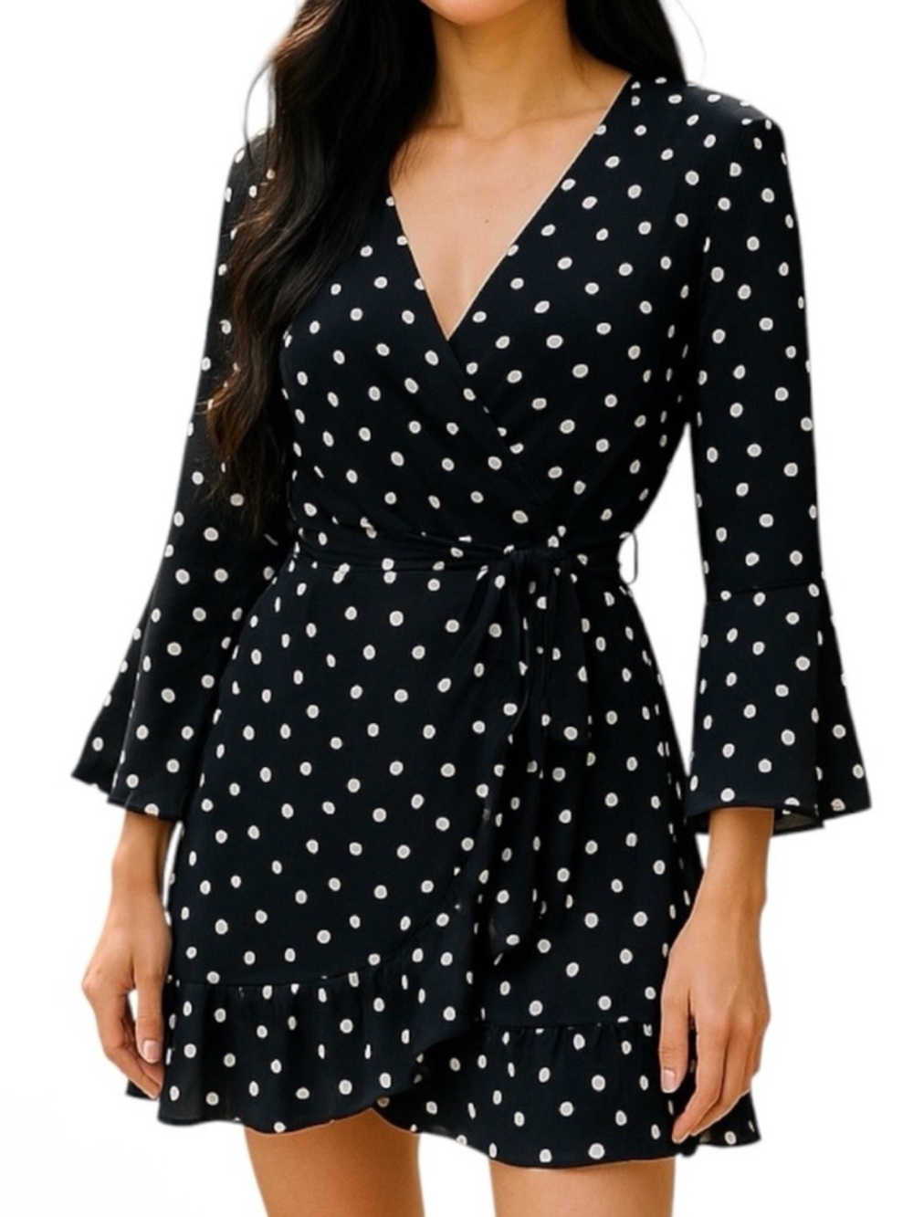Red Haute Black White Polka Dot Ruffle Wrap Dress